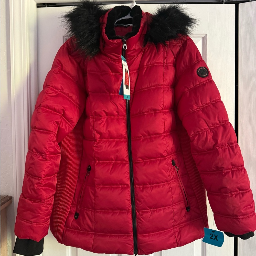 Nautica Women's Vibrant Red Puffer Jacket with removable faux fur trimmed hood